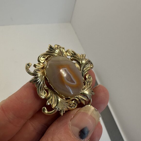 Vintage Jasper Pendant Necklace Ornate Gold Tone Chain 24 in Gothic - Picture 5 of 8